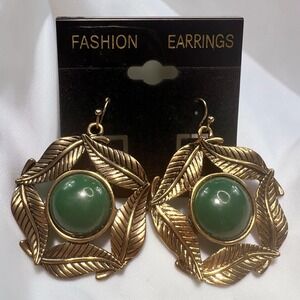 Earrings Hook Jade Green Color Fashion Jewelry Statement 1.5 in